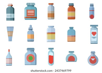 Conjunto de frascos de medicamentos con etiquetas. Los medicamentos, los medicamentos, los medicamentos hospitalarios vienen con etiquetas. Medicina, concepto de farmacia. Botellas vacías para medicamentos, vitaminas, etc. Ilustración vectorial plana.