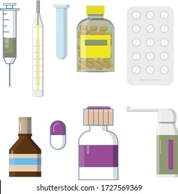 Set of medicine bottles with labels and pills. drugs, tablets,capsules vitamins.syringe, thermometer, vector illustration in flat style.