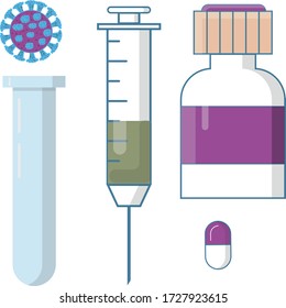 Set of medicine bottles with labels and pills. drugs, tablets,capsules vitamins.syringe, thermometer, vector illustration in flat style.