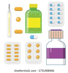 Set of medicine bottles with labels and pills. drugs, tablets,capsules vitamins.syringe, thermometer, vector illustration in flat style.