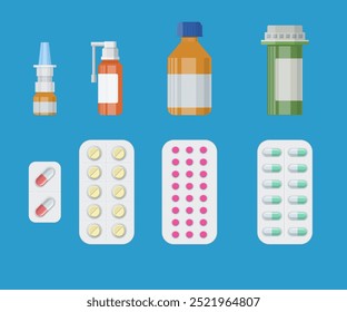 Conjunto de frascos de medicamentos com rótulos e comprimidos. medicamentos, comprimidos, cápsulas vitaminas. comprimidos em blisters analgésicos. ilustração vetorial em estilo plano