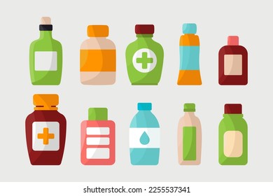 Set of Medicine Bottles with labels. Vector illustration in flat style.