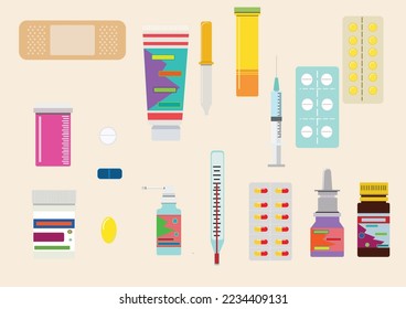 Set of medicine bottles and pills collection. Bottles of drugs.tablets,capsules vitamins. Vector flat illustration and health style.