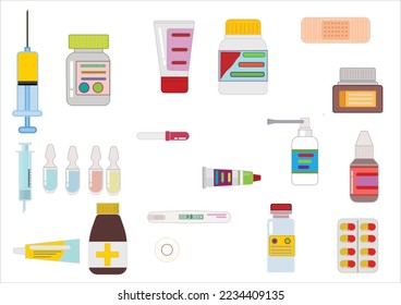 Set of medicine bottles and pills collection. Bottles of drugs.tablets,capsules vitamins. Vector flat illustration and health style.