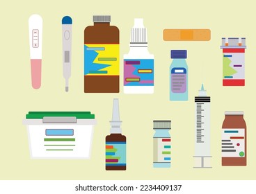 Set of medicine bottles and pills collection. Bottles of drugs.tablets,capsules vitamins. Vector flat illustration and health style.