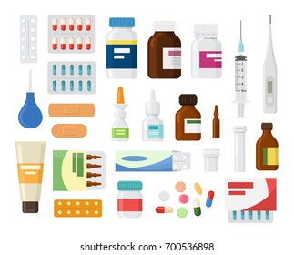 Set of medicine bottles with pills. drugs, tablets, sprays, hospital equipment