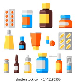 Set of medicine bottles and pills. Medical illustration in flat style.