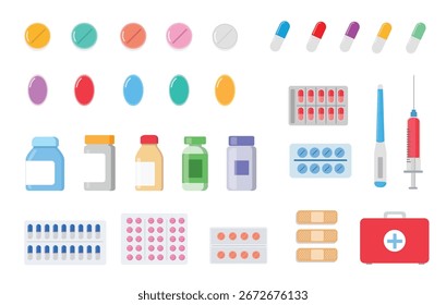 Set of medicine bottles and pills vector illustration