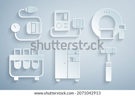 Set Medicine cabinet, Tomography, Test tube and flask, Neurology reflex hammer, Blood pressure and  icon. Vector