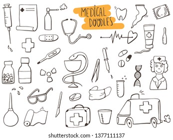 Set of medicine doodles. Hand drawn sketched. Vector Illustration.