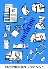 set medicine elements banner poster graphics objects treatment doctor  hospital isolate vector illustration sketch outline stroke
