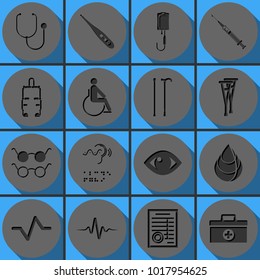 Set of medicine elements flat vector icon. Round papercut pictogram with 3d effect.