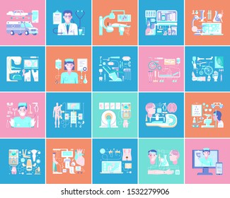 Set of Medicine flat icons set. Doctors, nurses, medical instruments and equipment symbols bandl. Flat Art Vector illustration