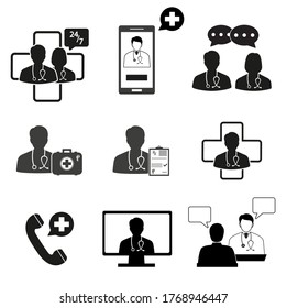 Set of medicine. Health Care Doctors dressed in uniform and stethoscope. Call a doctor online.
