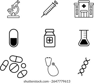 Conjunto de ícones de medicina e saúde. Sinal médico de cuidados de saúde de coleta para celular e web. O conjunto contém ícones: saúde, medicina, hospital, estetoscópio, vírus, seringa, soro, kit de primeiros socorros, etc