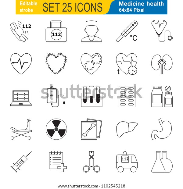 Set of\
medicine and health Icons. Contains icons as health, treatment,\
medical care. Editable Stroke. 64x64 Pixel\
Perfect