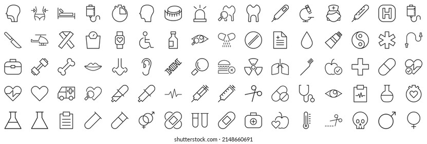 Set of Medicine  Health icons. Outline style icons bundle. Vector illustration