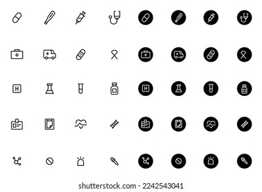 Set of medicine and healthcare Icons. Hospital line icons set and round shape. Isolated signs on white background and over circle. Pack Vector pictogram set. UX infographics, web, apps or business