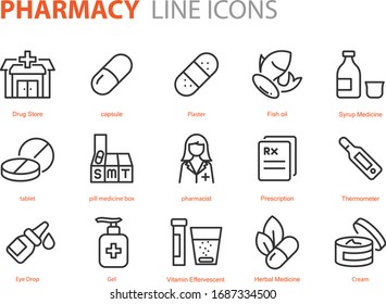 set of medicine icons, pharmacy, medical, capsule, drug store