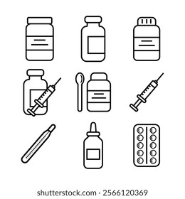 Set of medicine icons, pills, capsule, drug store, pharmacy. Vector illustration