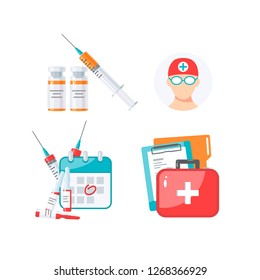 Set of medicine items for vaccination infographic. Vector illustration in flat style on white background