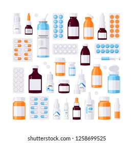 Set of medicine items, vector concept. Bottles with medications, pills and drops in flat style on white background