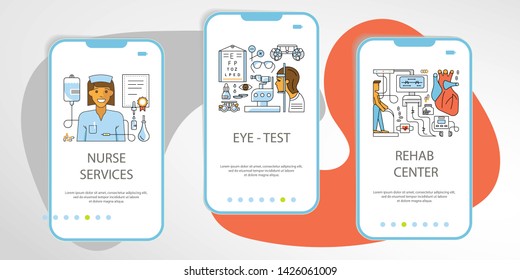 Set of Medicine onboarding screens user interface kit. Mobile app templates concept. Modern UX, UI screen for mobile or responsive website. Flat Art Vector illustration