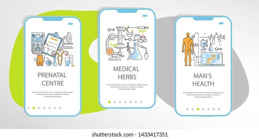 Set of Medicine onboarding screens user interface kit. Mobile app templates concept. Modern UX, UI screen for mobile or responsive website. Flat Art Vector illustration