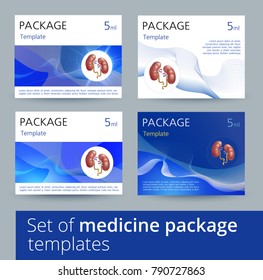 Set of Medicine package template design variations with realistic human kidneys.