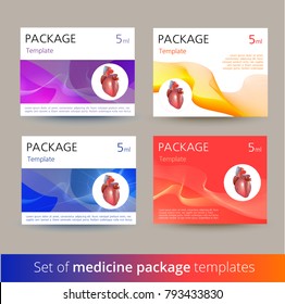 Set of Medicine package template design variations with realistic human heart.