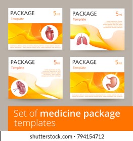 Set Of Medicine Package Template Design Variations With Realistic Human Organs Heart, Lungs, Spleen, Stomach.