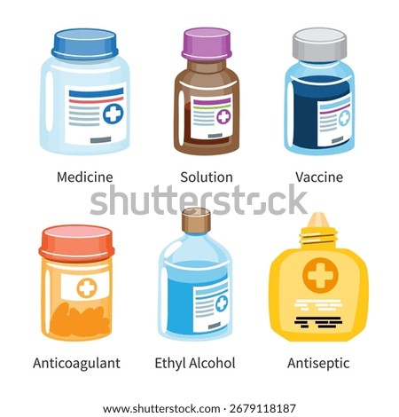 Set of medicine and pharmaceutical bottles cartoon illustration . Vector .