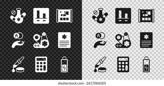 Set Medicine pill, Graph chart infographic, Graphing paper for engineering, Pipette, Calculator, Battery, Atom and Timing belt kit icon. Vector