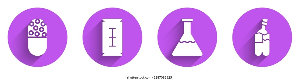 Ajuste la píldora o tableta de Medicina, la cuchilla de afeitar, el tubo de ensayo y el matraz y Bong para fumar el icono de la marihuana con sombra larga. Vector