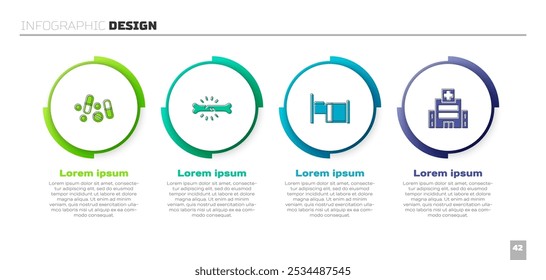 Definir pílula ou comprimido de medicamento, Dor óssea, Cama hospitalar e edifício do hospital médico. Modelo de infográfico comercial. Vetor