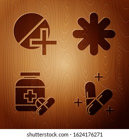 Set Medicine pill or tablet, Medicine pill or tablet, Medicine bottle and pills and Cross hospital medical on wooden background. Vector
