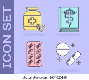 Set Medicine pill or tablet, Medicine bottle and pills, Pills in blister pack and Medical book icon. Vector