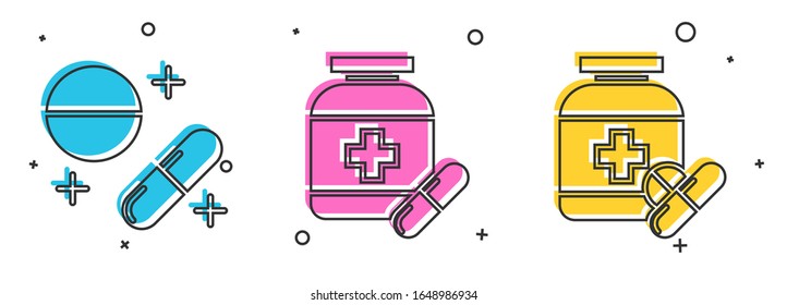 Set Medicine pill or tablet, Medicine bottle and pills and Medicine bottle and pills icon. Vector