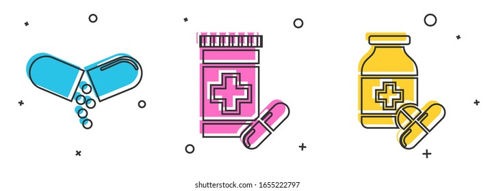 Coloque la píldora o el comprimido de Medicina, la botella y las píldoras de Medicina y el icono de la botella y las pastillas de Medicina. Vector