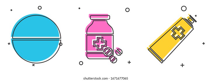Legen Sie die Medikationspille oder -Tablette, die Arzneimittel-Flasche und die Tabletten und die Salbe-Creme-Tube-Medizin Symbol fest. Vektorillustration