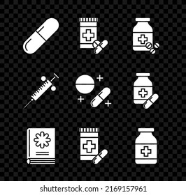 Set Medicine pill or tablet, bottle and pills, Medical book, Syringe and  icon. Vector