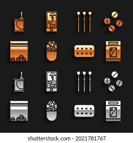 Set Medicine pill o tablet, Cigarettes pack box, Blister de Pills, Bolsa de Plástico de la droga, Coincidencias, Cigarrillo electrónico y Compra de drogas icono de teléfono en línea. Vector