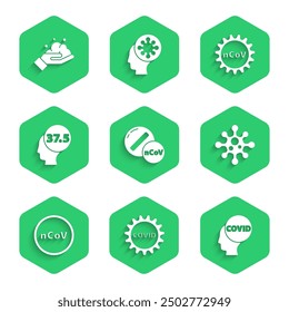 Set Medicine pill or tablet, Corona virus covid-19, Virus, 2019-nCoV, High human body temperature,  and Washing hands with soap icon. Vector