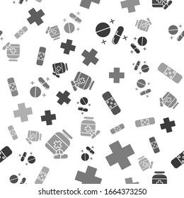 Ajuste la píldora o el comprimido de Medicina, los biberones de hospital cruzado, los biberones y las pastillas de Medicina en un patrón sin fisuras. Vector