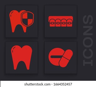 Set Medicine pill or tablet, Dental protection, Teeth with braces and Tooth icon. Vector