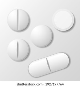 Set of medicine pill, tablet drug round and oval, vector