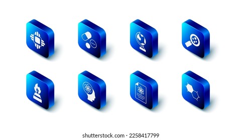 Set Medicine pill or tablet, Earth globe, Microorganisms under magnifier, Chemical formula, Chemistry report, Atom, Alcohol spirit burner and Processor CPU icon. Vector