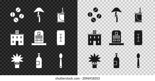 Set Medizine Pille oder Tablette, elektronische Zigarette, Marijuana Cannabis Pflanzenkopf, Alkoholgetränkflasche, Heroin-Löffel, medizinisches Krankenhaus-Gebäude und Tombstone mit RIP-Symbol geschrieben. Vektorgrafik