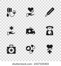 Set Medicine pill or tablet, Emergency call 911, Ethnoscience, Ambulance car, Medical thermometer, Blood pressure, Heart with cross and Cross hospital medical icon. Vector