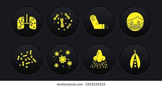 Set Medicine pill or tablet, Face protective mask, Bacteria, Runny nose, Inhaler, Kidney beans and Lungs icon. Vector